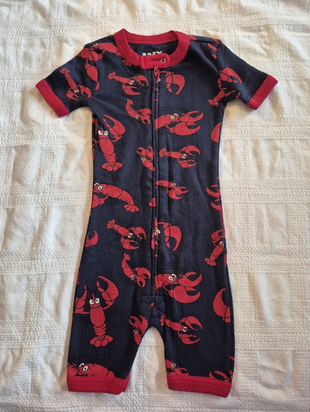 Lazy One 2T boys shorty romper 1 piece zip up pajama, lobster print navy red EUC